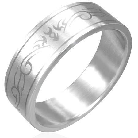 Ocelový prsten - matný povrch, kmenový motiv - Velikost: 69