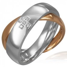 Dvojitý ocelový prsten - zirkonový kříž, zlatý a stříbrný