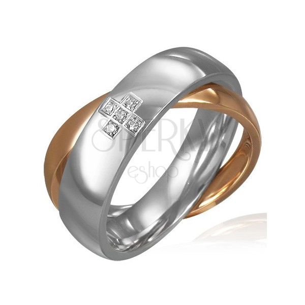 Dvojitý ocelový prsten - zirkonový kříž, zlatý a stříbrný