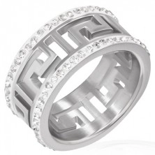 Lesklý ocelový prsten s výřezem - řecký symbol, zářivé pásy
