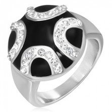 Ocelový prsten - zirkonové půlkruhy na černém podkladu