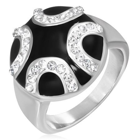 Ocelový prsten - zirkonové půlkruhy na černém podkladu - Velikost: 59