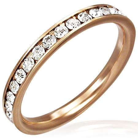 Ocelový prsten růžovozlaté barvy - čiré zirkony po obvodu - Velikost: 58
