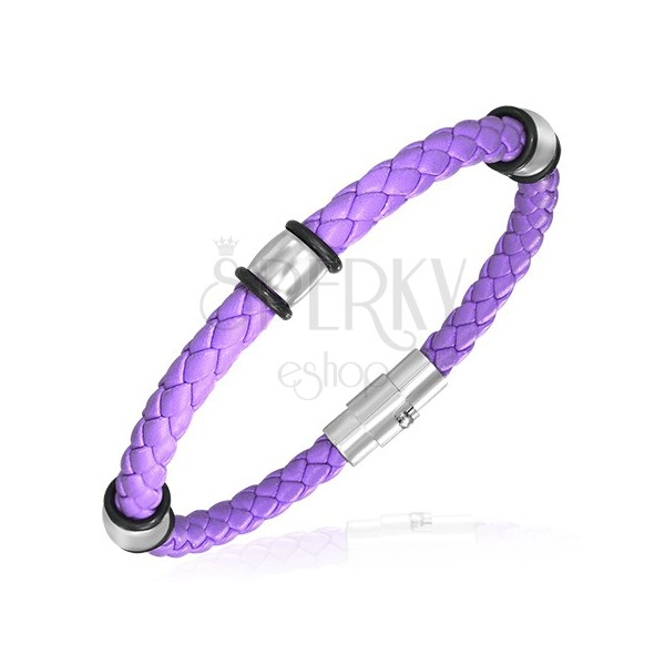 PVC pletený náramek - ocelové kroužky, fialový