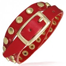 Červený kožený náramek - pásek se zlatými nýty