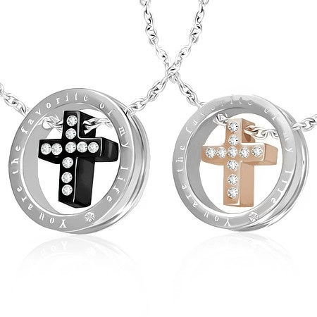 Levně Přívěsky pro dvojici - kříž se zirkony v kruhu, černý a zlatý