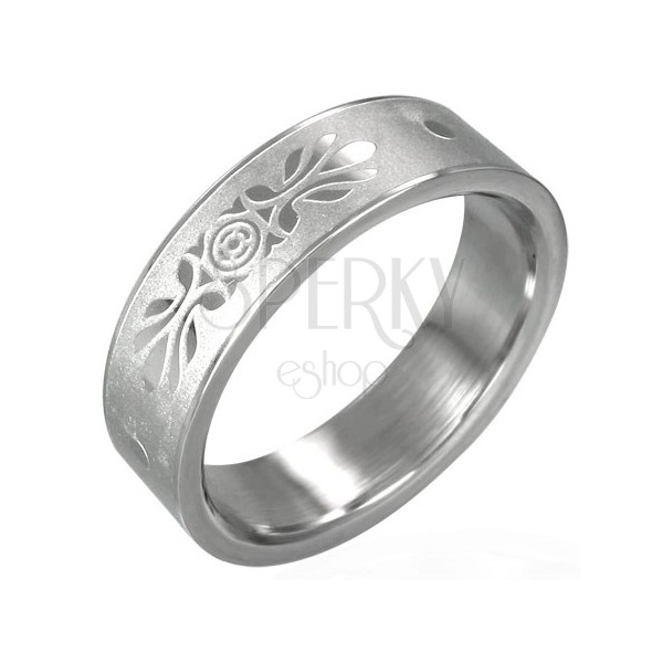 Ocelový prsten se symetrickou ozdobou, pískovaný