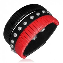 Kožený náramek - pásy s černou a červenou šňůrkou, nýty