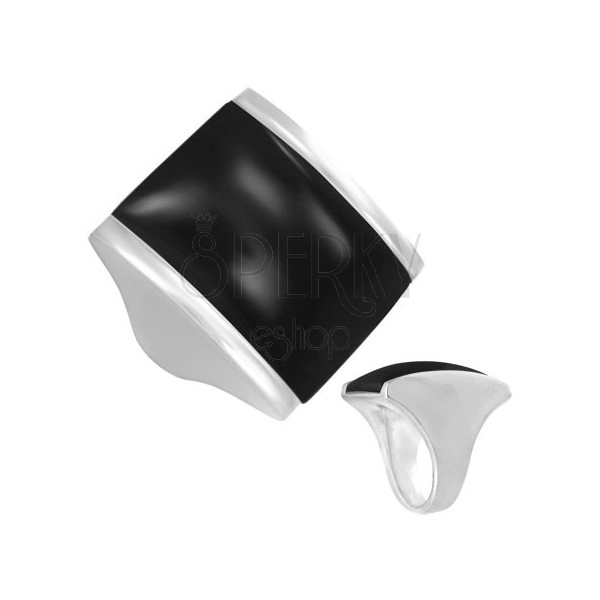 Mohutný ocelový prsten - černý kámen, obdélník