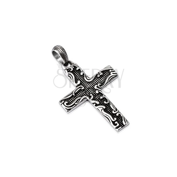 Ocelový přívěsek - kříž s potiskem a ornamentem