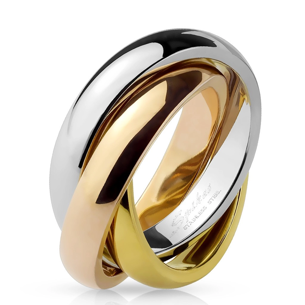 Trojitý prsten z oceli - tříbarevná kombinace - Velikost: 59