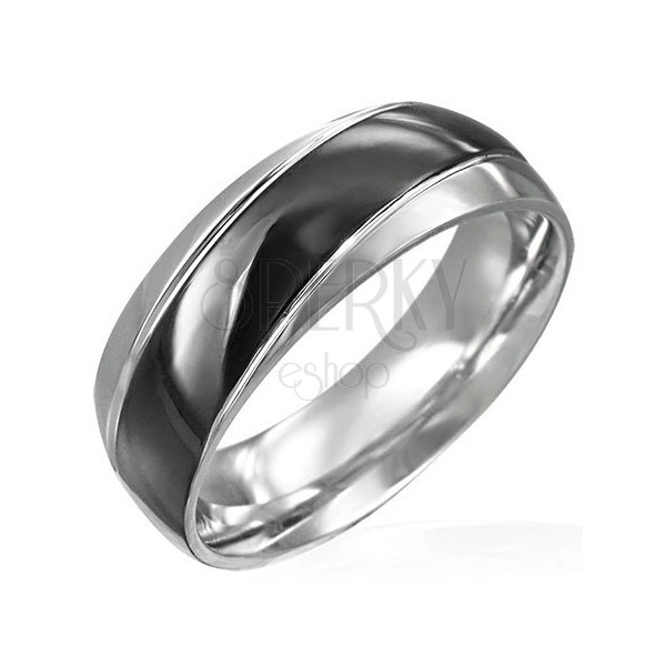 Prsten černostříbrný se šikmým černým pásem