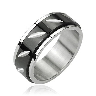 Ocelový prsten s otáčivým černým středem - zářezy - Velikost: 66