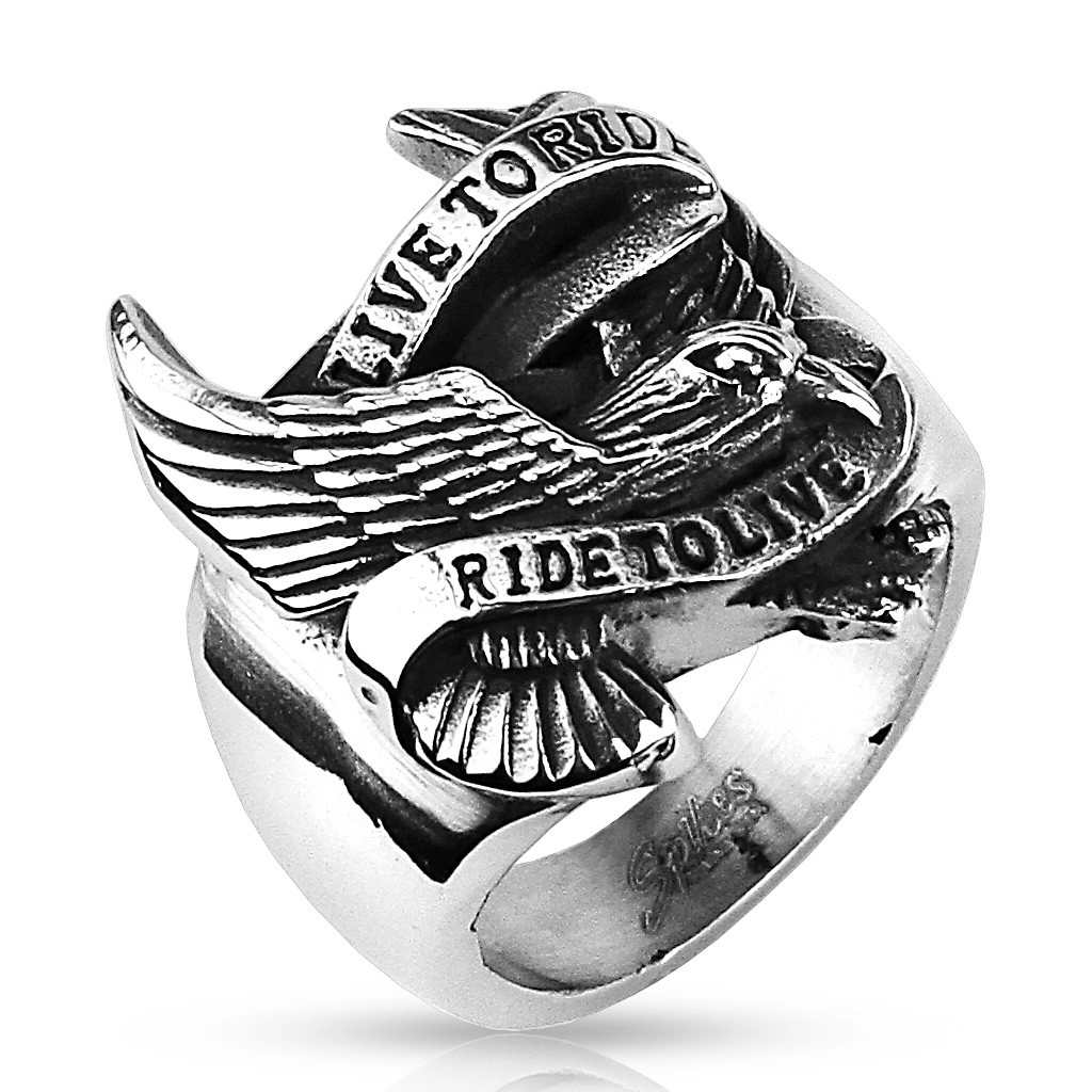Prsten z oceli s motivem orla a nápisem - Velikost: 75