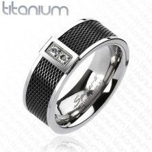 Prsten z titanu - černý síťovaný vzor, dva čiré zirkony