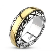 Prsten z oceli - pozlacený střed, vzorované okraje