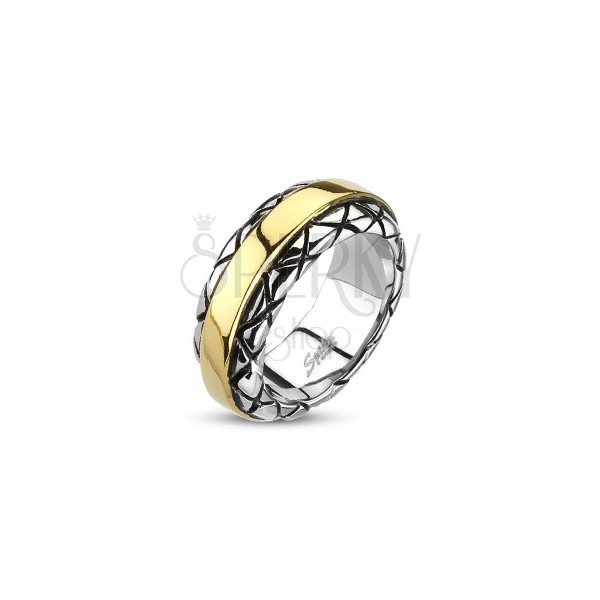 Prsten z oceli - pozlacený střed, vzorované okraje