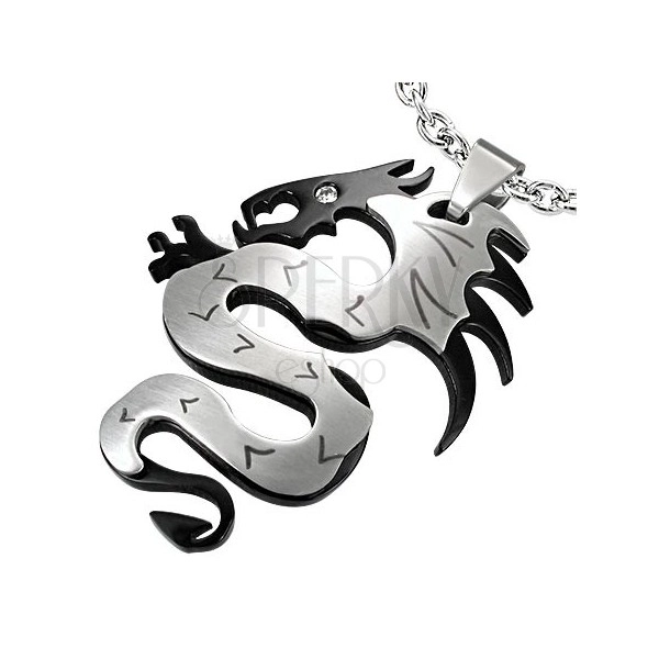 Přívěsek z chirurgické oceli, čínský drak v černo-stříbrné kombinaci