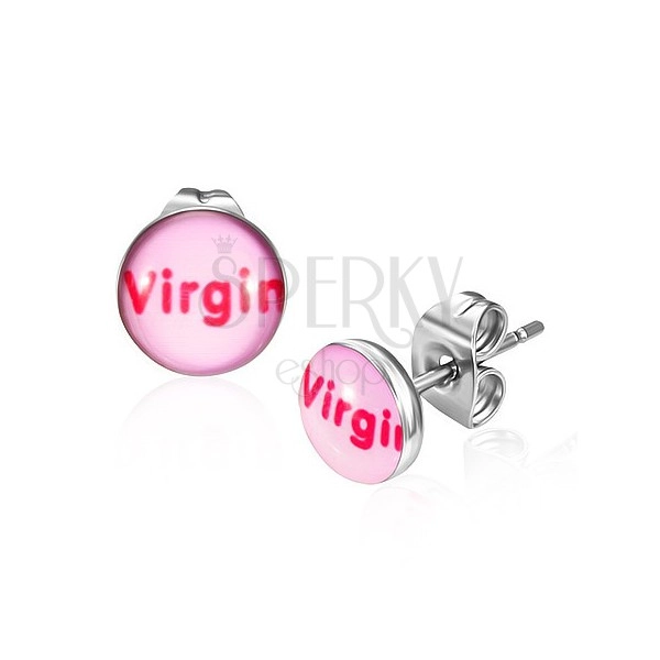 Ocelové náušnice - růžové s nápisem Virgin