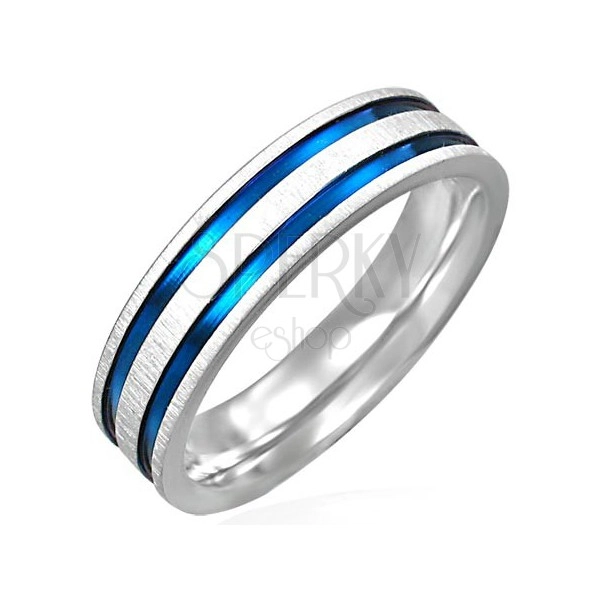 Ocelový prsten matný s dvěma modro-fialovými pásy