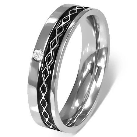 Prsten z chirurgické oceli - Keltský design, čirý zirkon - Velikost: 54