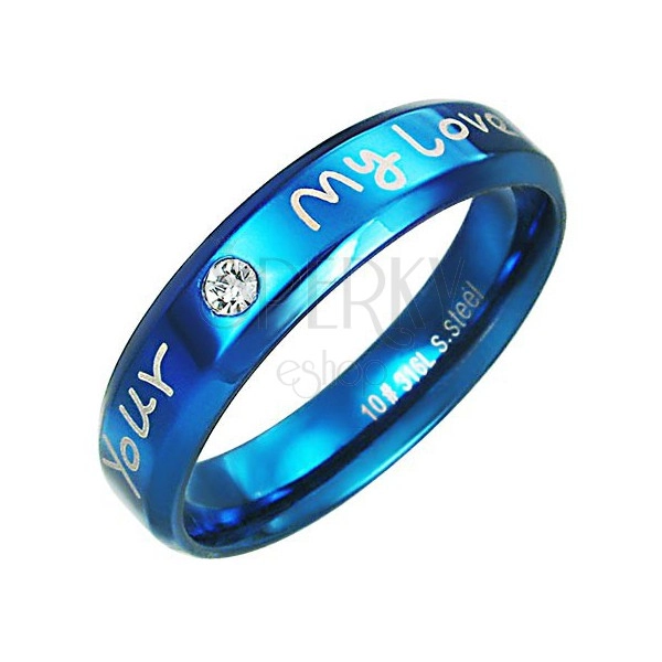 Prsten z oceli - modrá barva, zamilovaný nápis