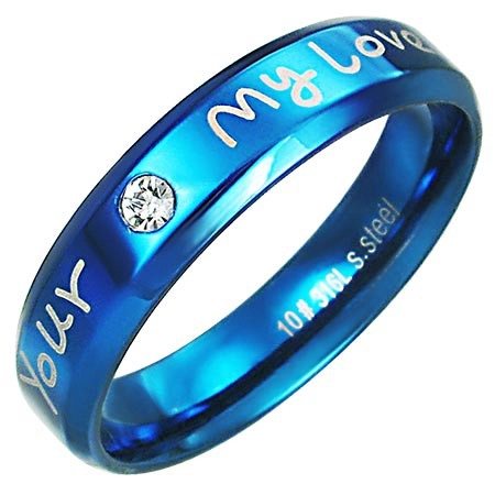 Prsten z oceli - modrá barva, zamilovaný nápis - Velikost: 57