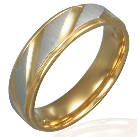 Prsten z oceli - zlato-stříbrný, diagonální rýhování - Velikost: 52