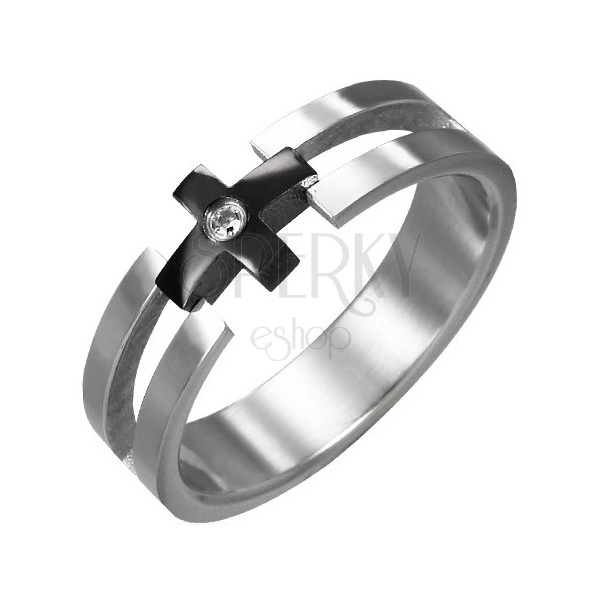 Prsten z oceli - černý kříž, čirý zirkon