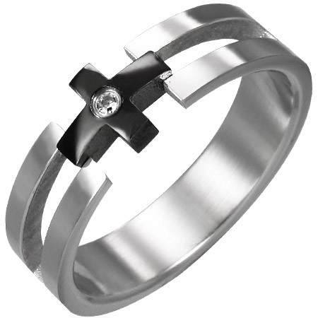 Prsten z oceli - černý kříž, čirý zirkon - Velikost: 64