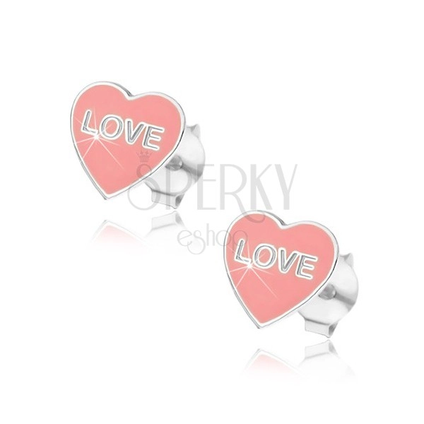 Stříbrné náušnice 925 - růžové srdce Love