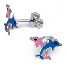 Stříbrné náušničky 925 - růžový a modrý delfín