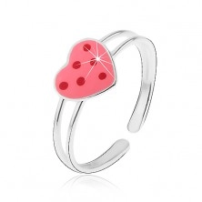 Stříbrný prstýnek 925 - růžové glazované srdce s červenými tečkami