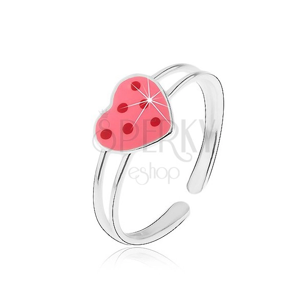 Stříbrný prstýnek 925 - růžové glazované srdce s červenými tečkami