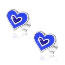 Stříbrné náušničky 925 - dvojité srdce v modré nebo růžové barvě