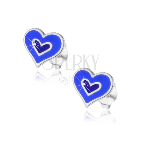 Stříbrné náušničky 925 - dvojité srdce v modré nebo růžové barvě