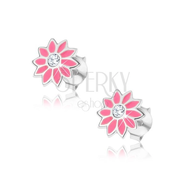 Puzetové stříbrné náušnice - růžový květ se zirkonem