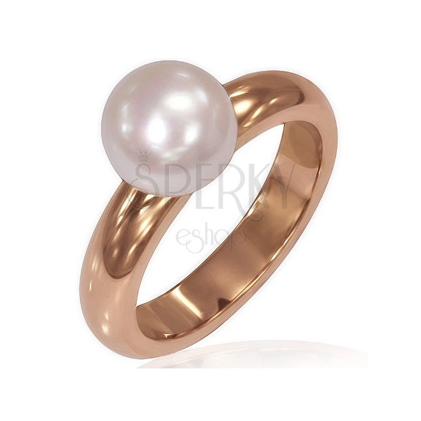 Dámský prsten z oceli - pozlacený růžovým zlatem, perla