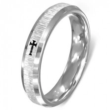 Prsten z oceli - broušený střed, lesklé okraje, kříž