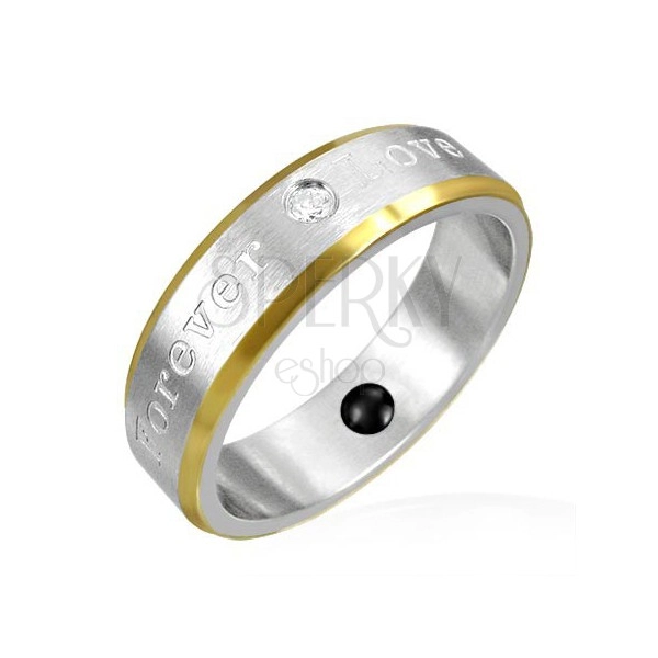 Magnetický prsten z oceli - zlaté okraje, romantické gravírování