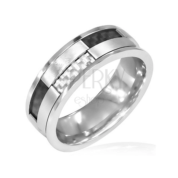 Otáčivý prsten z oceli - bílá a černá karbonová vlákna