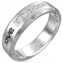 Ocelový prsten - nápis "love", šest zirkonů