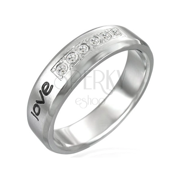 Ocelový prsten - nápis "love", šest zirkonů
