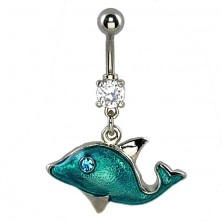 Piercing do pupíku - modrý delfín, zirkonové oko