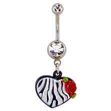 Piercing do pupíku - srdce,  vzor černobílá zebra a růže