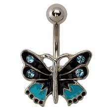 Piercing motýlek - černá, modrá a stříbrná barva, zirkony