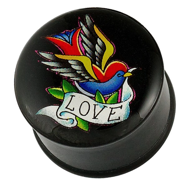 Plug do ucha - pestrobarevný ptáček, stuha a nápis LOVE - Tloušťka piercingu: 18,5 mm