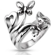 Ocelový prsten s motivy srdcí a motýlů