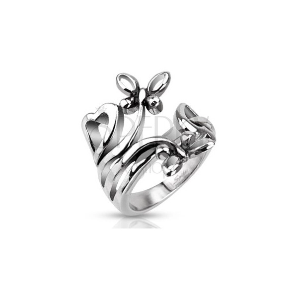 Ocelový prsten s motivy srdcí a motýlů