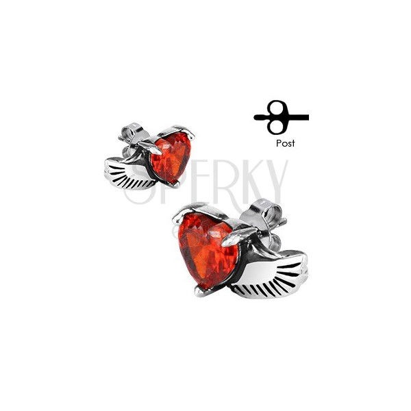Náušnice z chirurgické oceli - andělské křídlo, červené srdce